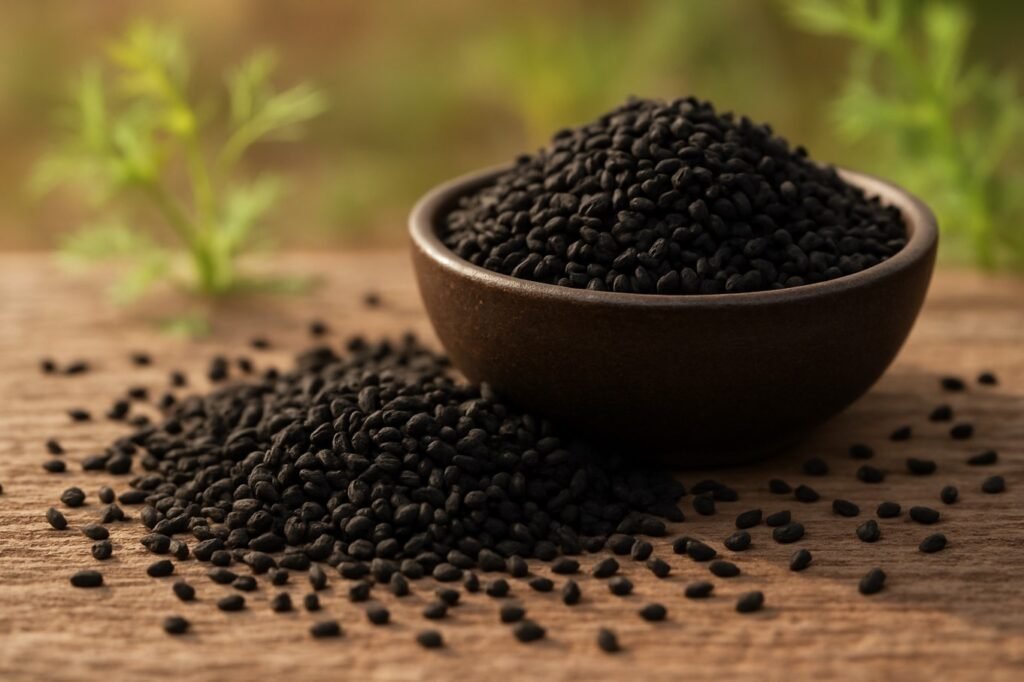 A bowl of black seeds (kalonji) placed on an earthy surface with seeds scattered around and blurred green plants in the background