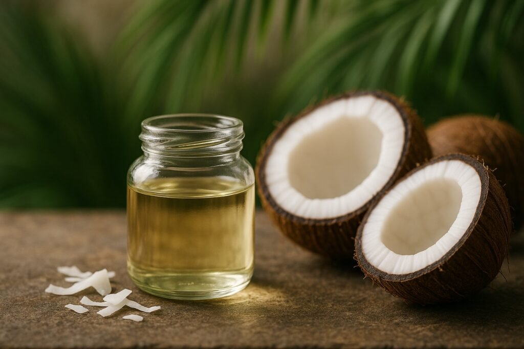 A glass bottle of coconut oil placed on a stone-like earthy surface with broken coconut pieces around, and a coconut tree branch blurred in the background