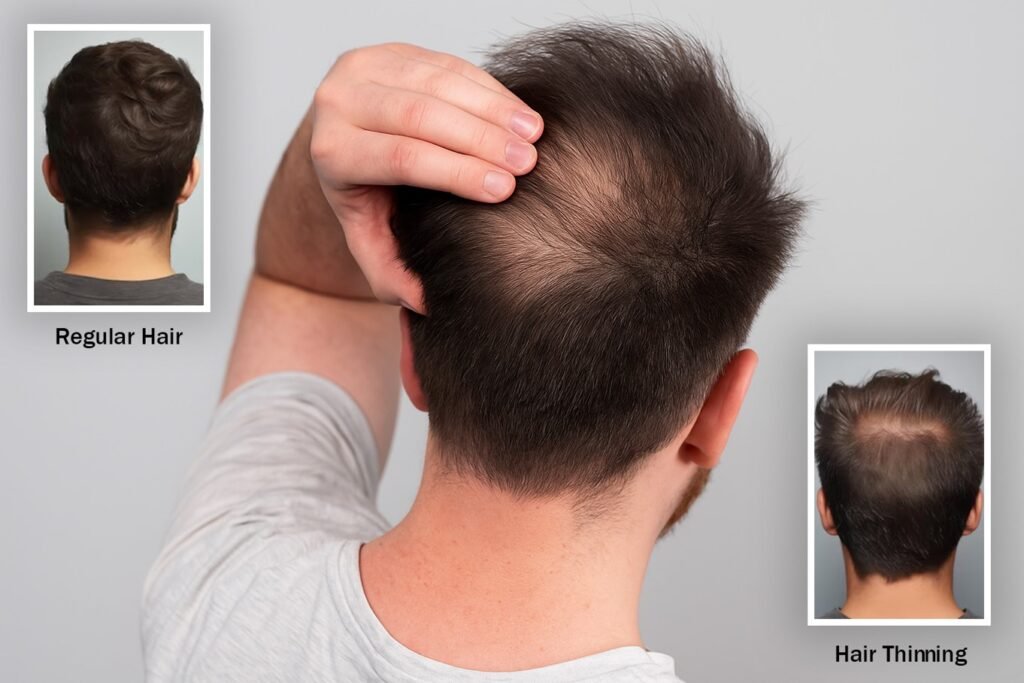 Back view of a person touching their crown area with visibly thinning hair and exposed scalp