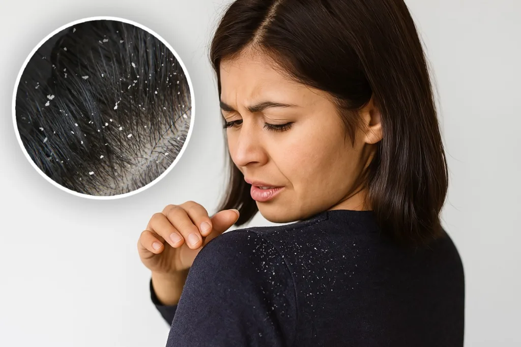 Sad woman looking at her shoulder with visible dandruff flakes on dark clothes