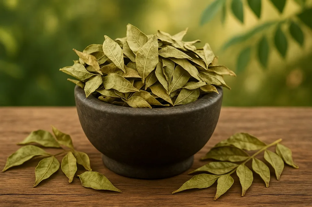 A bowl of dried curry leaves on a wooden surface with scattered leaves around and blurred trees in the background