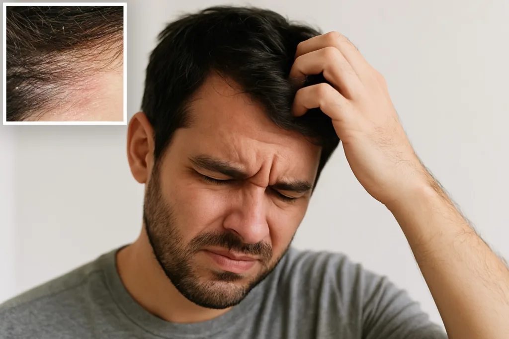 Man scratching his head due to dry, itchy scalp, looking visibly uncomfortable and irritated