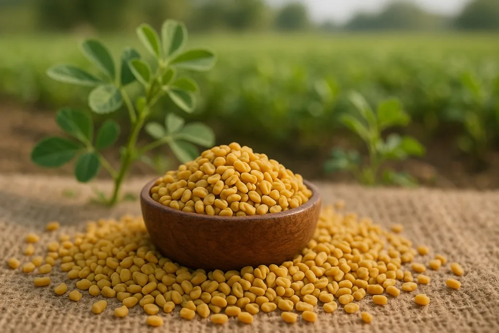 A bowl full of fenugreek seeds placed on a jute cloth with seeds scattered around, and a blurred field in the background