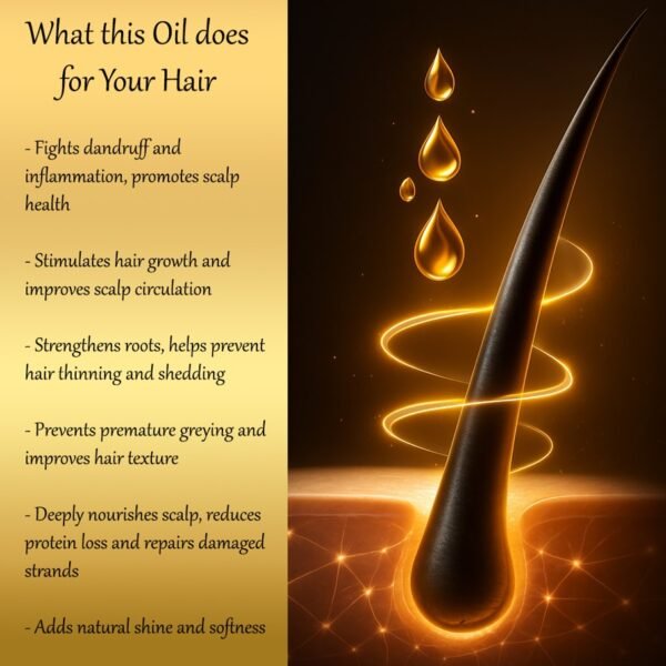 Visual of a realistic plexus-style hair strand on the right with oil drops and magical protection effects, paired with a golden gradient text card on the left listing benefits of a nourishing herbal hair oil.