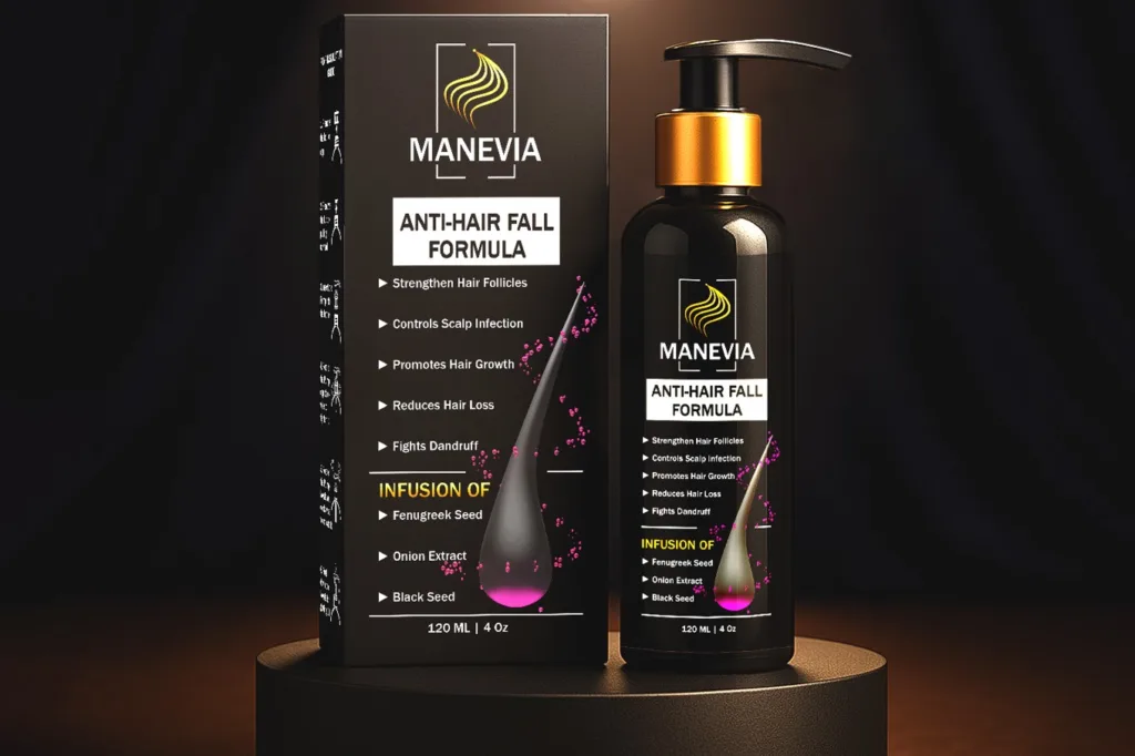 Glossy black herbal hair oil bottle with dispenser and a matte black box placed on a podium under a top spotlight, with soft curtains in the background in a hero-style product reveal setting.