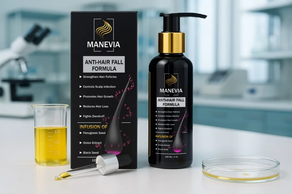 Hair Oil in Black bottle with packaging placed in a modern laboratory with golden oil in a beaker and dropper beside it