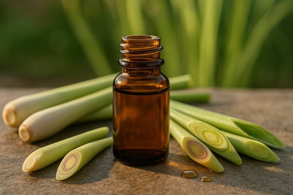Amber glass bottle of lemongrass essential oil placed on a natural stone surface, surrounded by fresh lemongrass pieces, with blurred lemongrass plants in the background