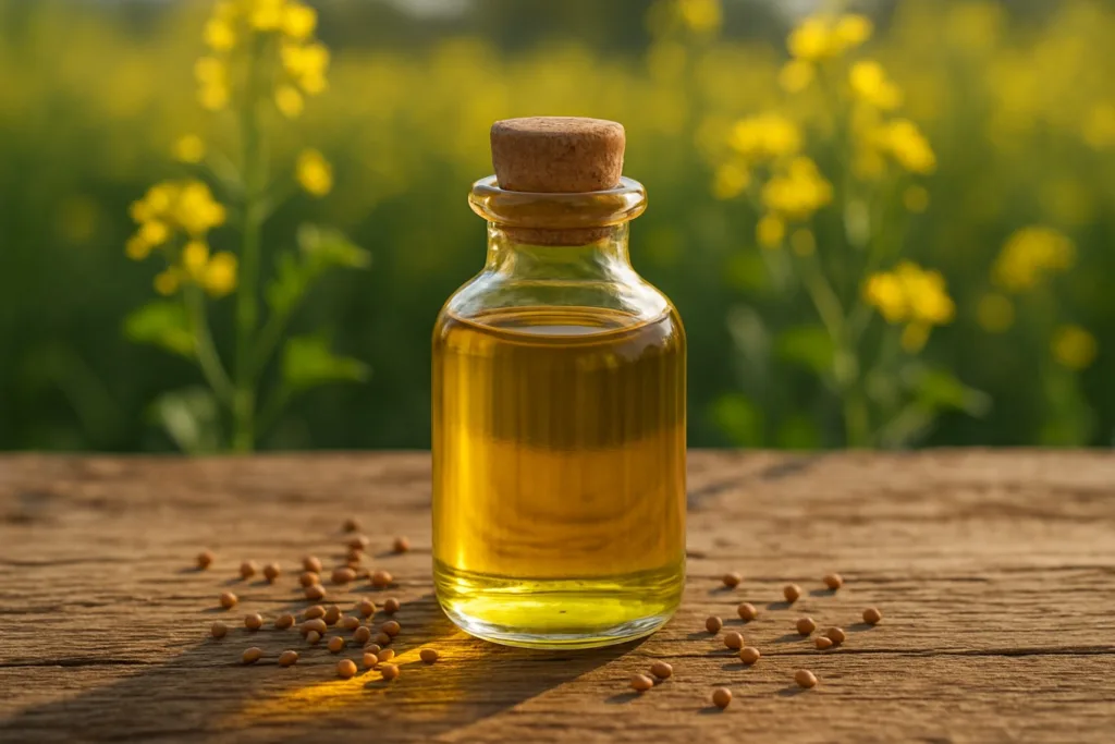 A glass bottle of mustard oil with a wooden cork placed on a wooden surface, surrounded by scattered mustard seeds, with a blurred mustard field in the background