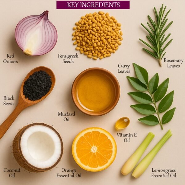 Flat-lay image of natural hair oil ingredients including red onion, fenugreek seeds, black seed, dried curry leaves, rosemary leaves, mustard oil, coconut oil, vitamin E capsules, orange, and lemongrass essential oils
