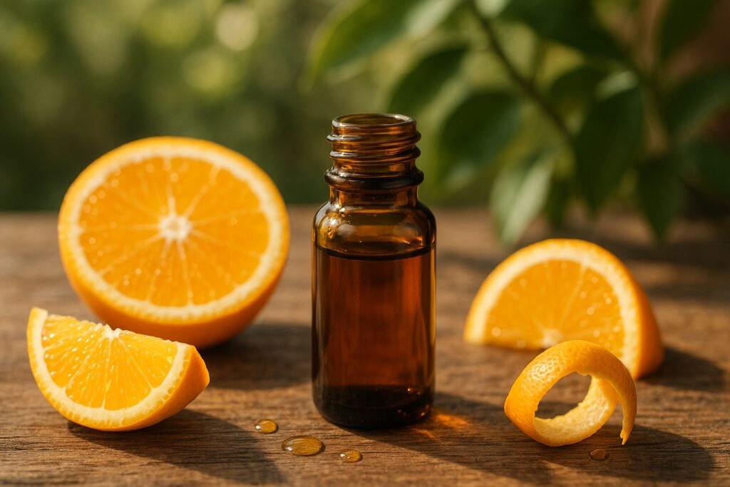 Amber glass bottle of orange essential oil on a stone surface, surrounded by orange slices and oil drops, with a blurry orange tree branch in the background