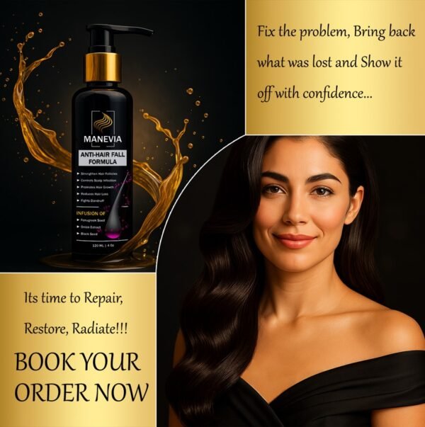 Confident woman with styled hair on black and gold grid background, featuring bold tagline and premium hair oil product bottle.