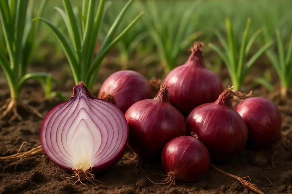 Fresh red onions displayed in a natural outdoor setting