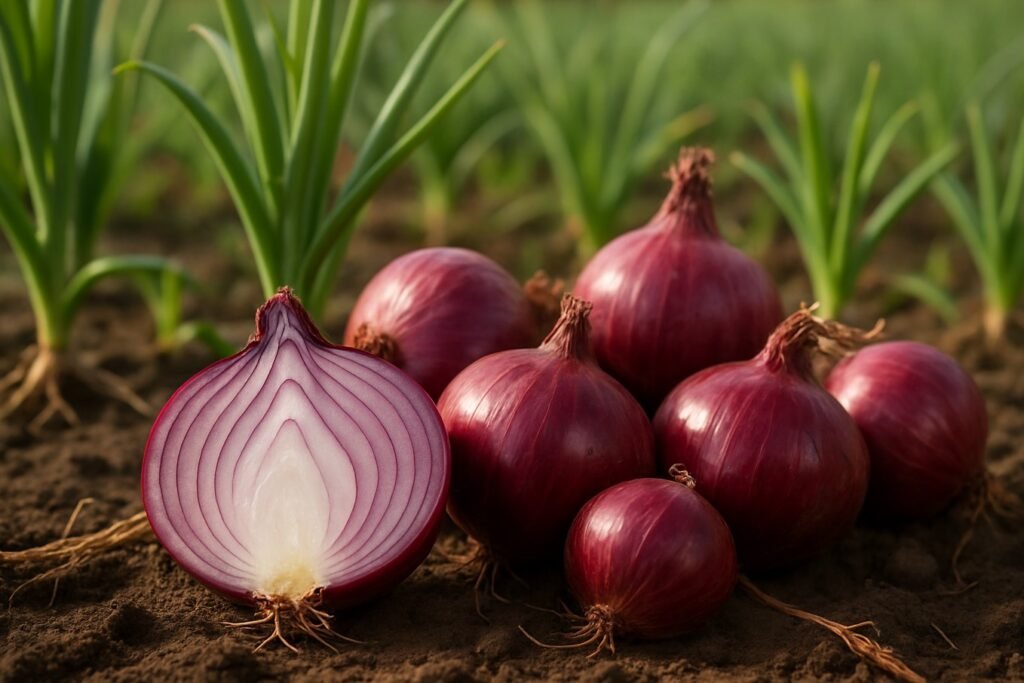 Fresh red onions displayed in a natural outdoor setting