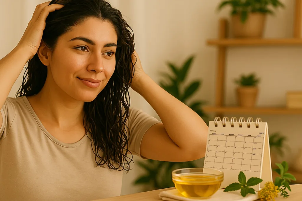 Woman oiling her hair while sitting beside a table with a bowl of hair oil and a calendar, suggesting a routine hair care practice