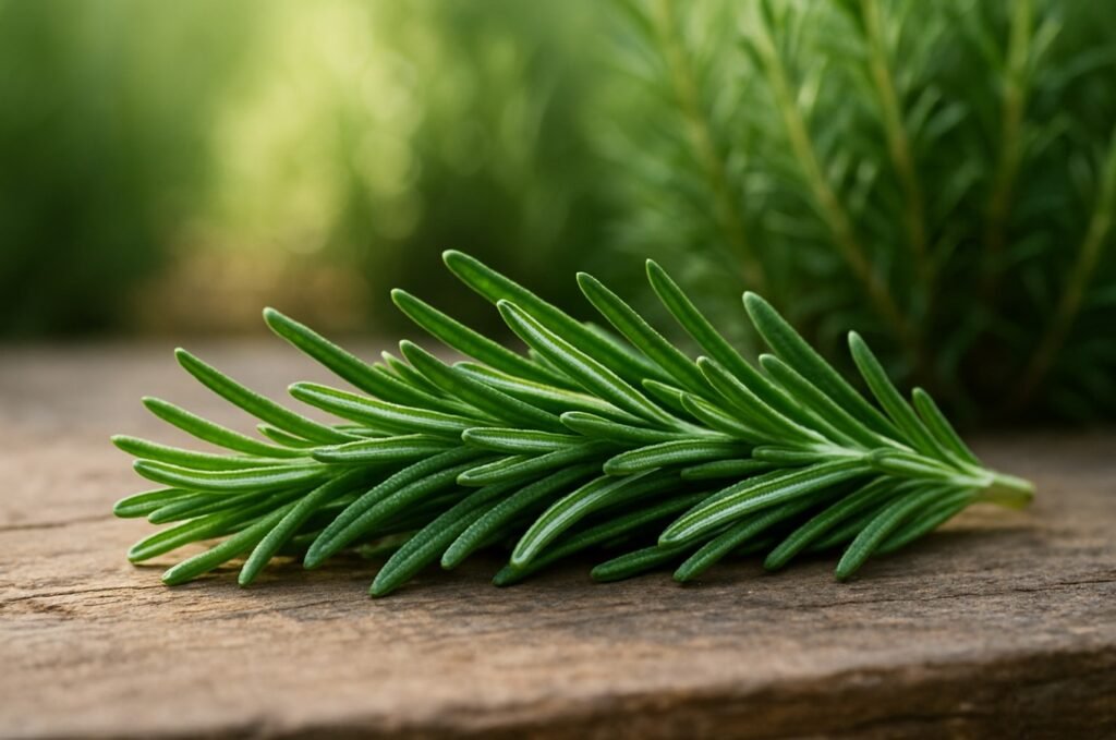 A fresh branch of rosemary leaves placed on an earthy surface with a blurred rosemary plant in the background