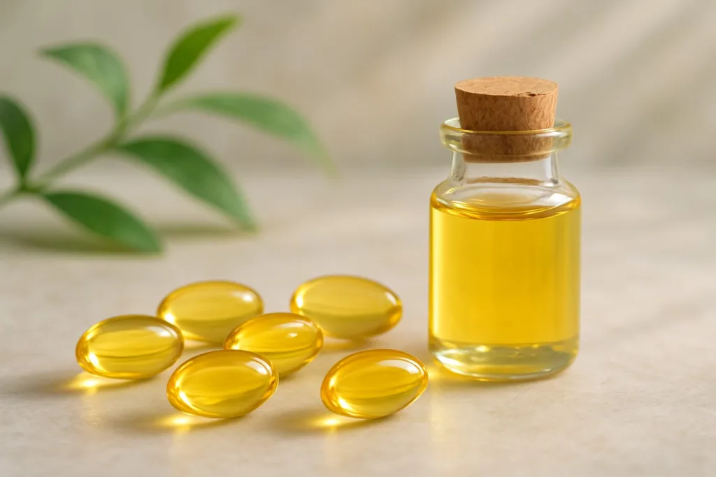 A glass bottle of vitamin E oil with a wooden cork placed on a white marble surface, surrounded by golden gel capsules, with a blurred green leaf in the background