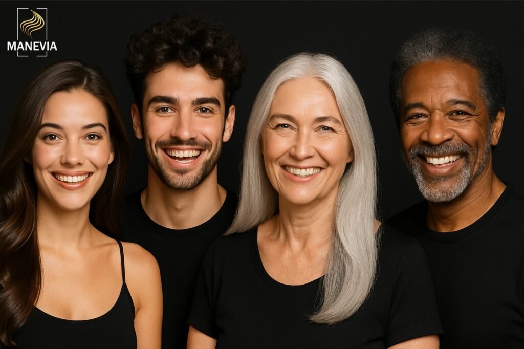 Group of four people with different hair types and ages — a young woman with straight hair, a young man with curly hair, an elderly woman with white hair, and a middle-aged man with salt-and-pepper afro-textured hair