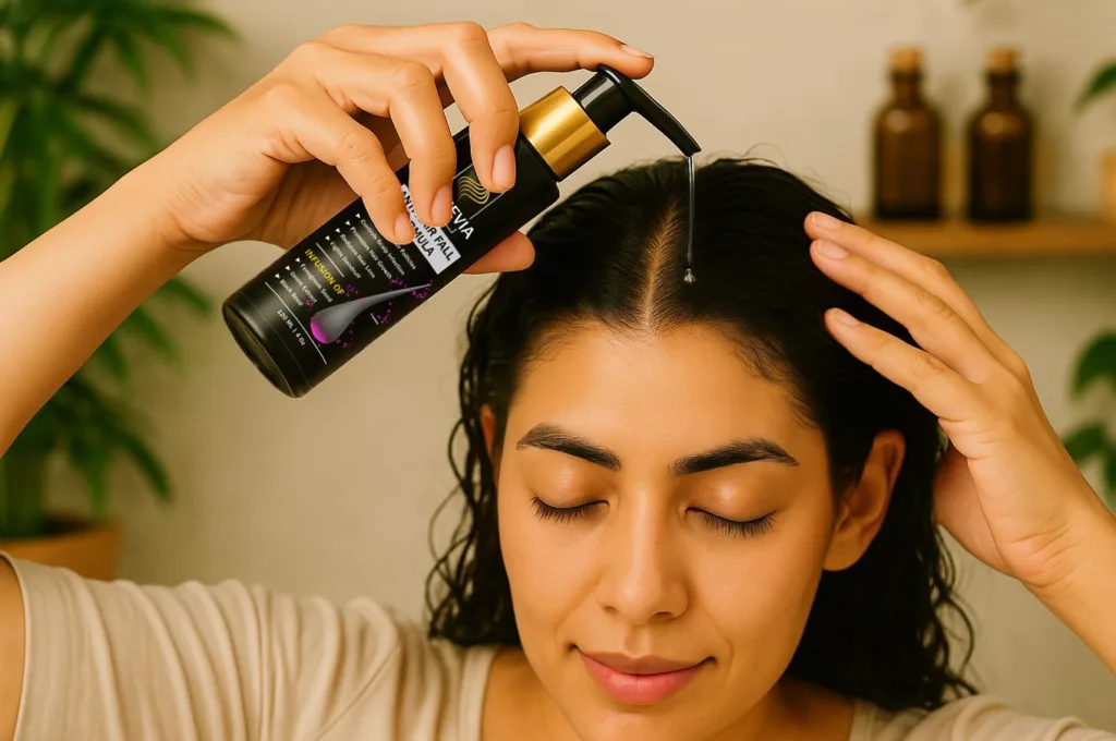 Woman using a pump bottle to apply hair oil directly onto her scalp, demonstrating proper oiling method