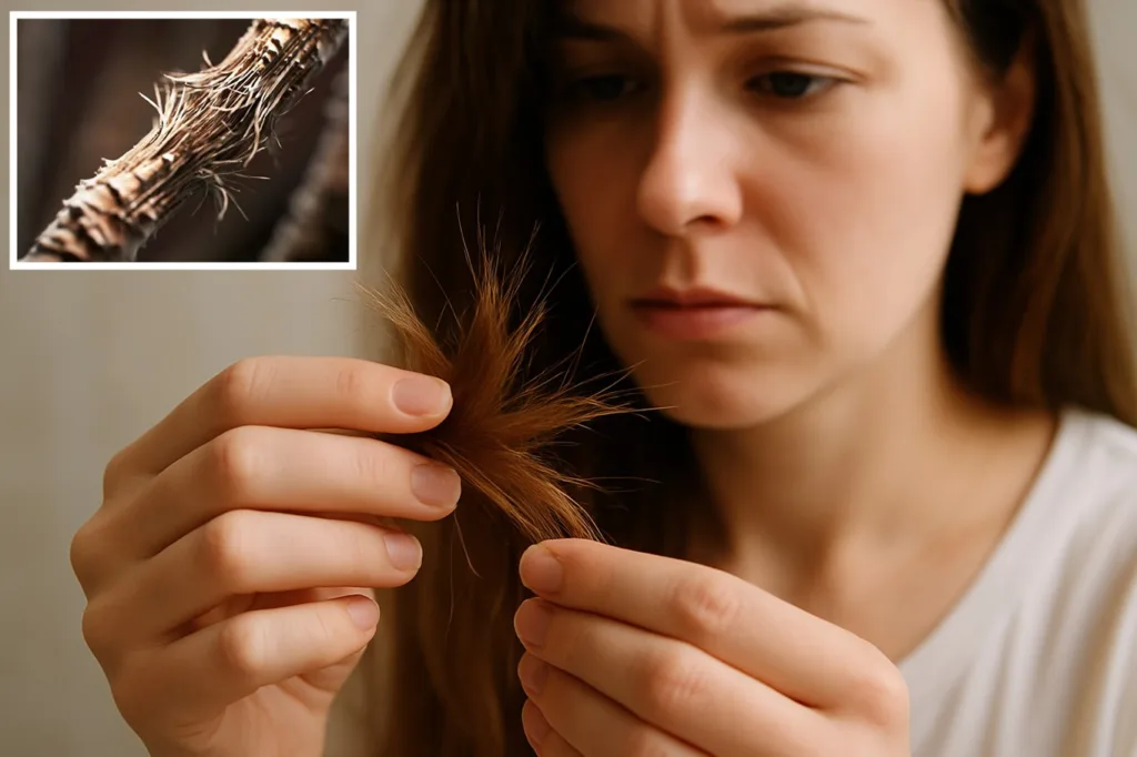 Woman closely examining the tips of her hair strands, looking concerned about breakage or split ends