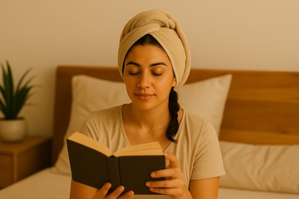 Woman relaxing with her hair wrapped in a towel, reading a book while allowing the hair oil to soak into her scalp