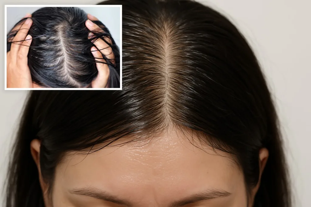 Close-up of a woman's forehead and scalp with visibly oily hair roots and greasy scalp
