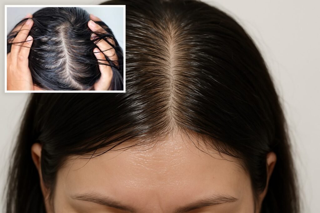 Close-up of a woman's forehead and scalp with visibly oily hair roots and greasy scalp