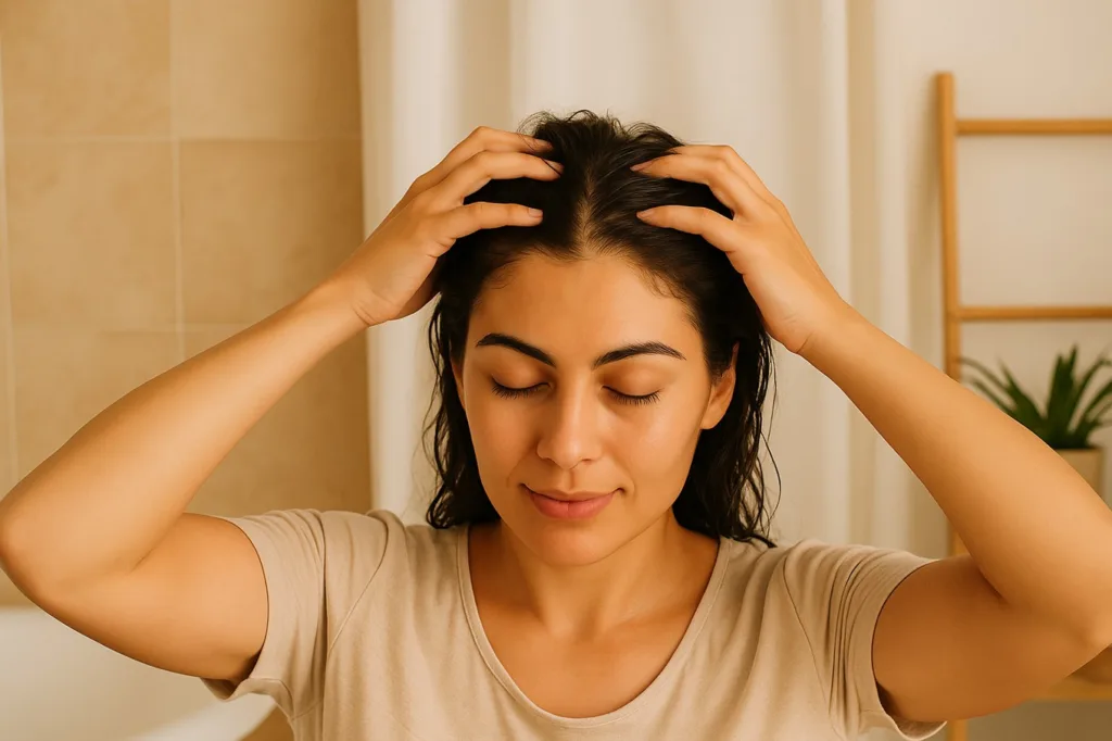 Woman massaging hair oil into her scalp using both hands for better absorption and blood circulation