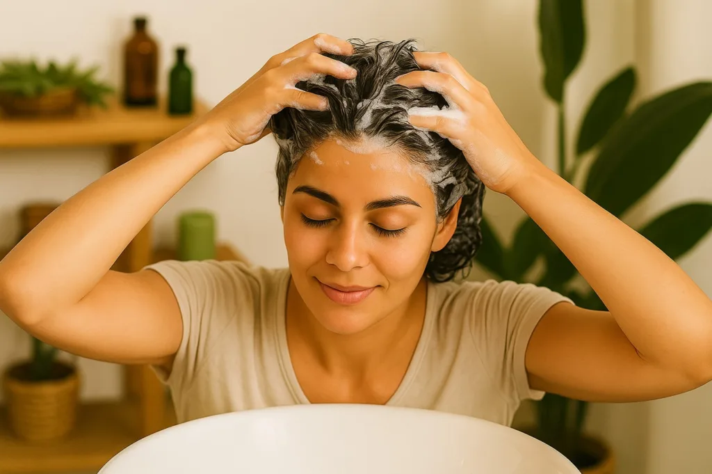 Woman rinsing her hair with shampoo at a wash basin, cleansing the oil from her scalp and strands