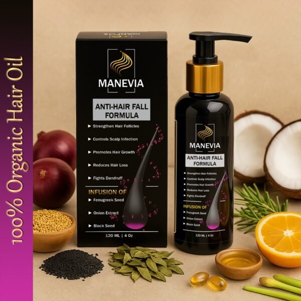 Glossy black herbal hair oil bottle with matte black box, surrounded by natural ingredients including onion, fenugreek seeds, black seed, dried curry leaves, rosemary, coconut, vitamin E capsules, orange, lemongrass, and mustard oil.