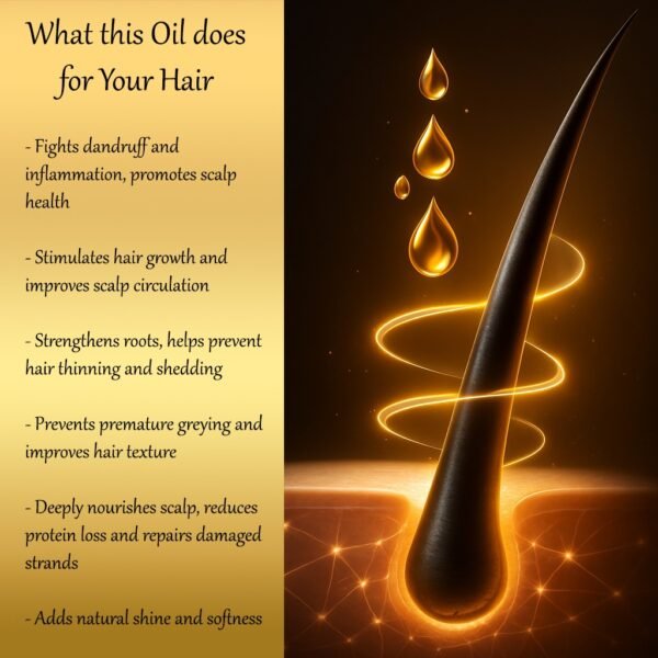 Visual of a realistic plexus-style hair strand on the right with oil drops and magical protection effects, paired with a golden gradient text card on the left listing benefits of a nourishing herbal hair oil.