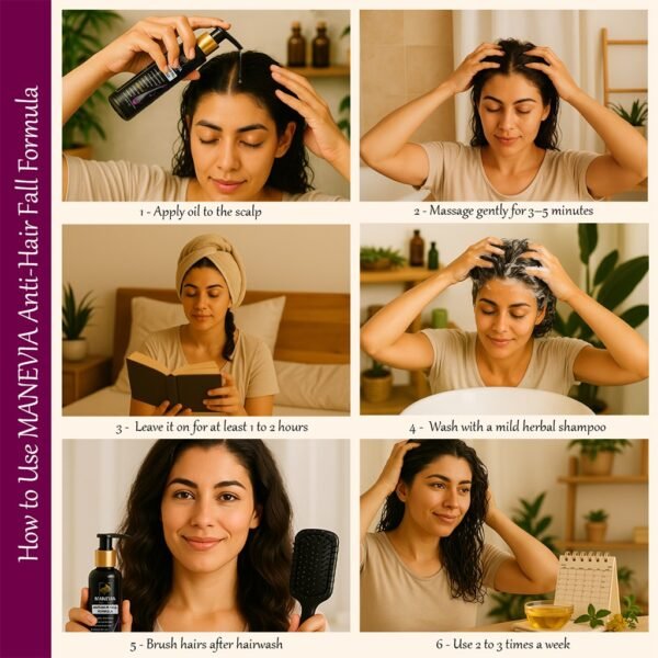 Step-by-step visual guide showing how to apply hair oil, with each step displayed in a clean grid layout for easy understanding