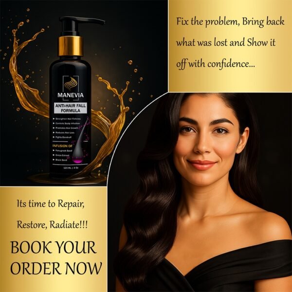 Confident woman with styled hair on black and gold grid background, featuring bold tagline and premium hair oil product bottle.