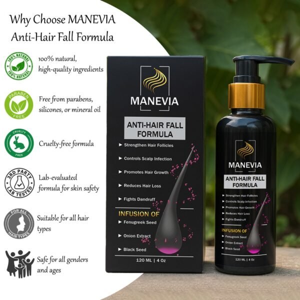 Black bottle and packaging box placed outdoors with 'Why Choose Us' text highlighting product benefits on the left side