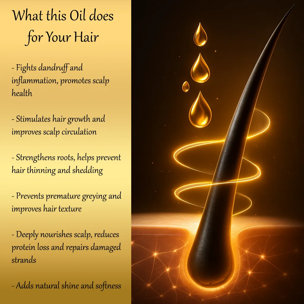 Visual of a realistic plexus-style hair strand on the right with oil drops and magical protection effects, paired with a golden gradient text card on the left listing benefits of a nourishing herbal hair oil.