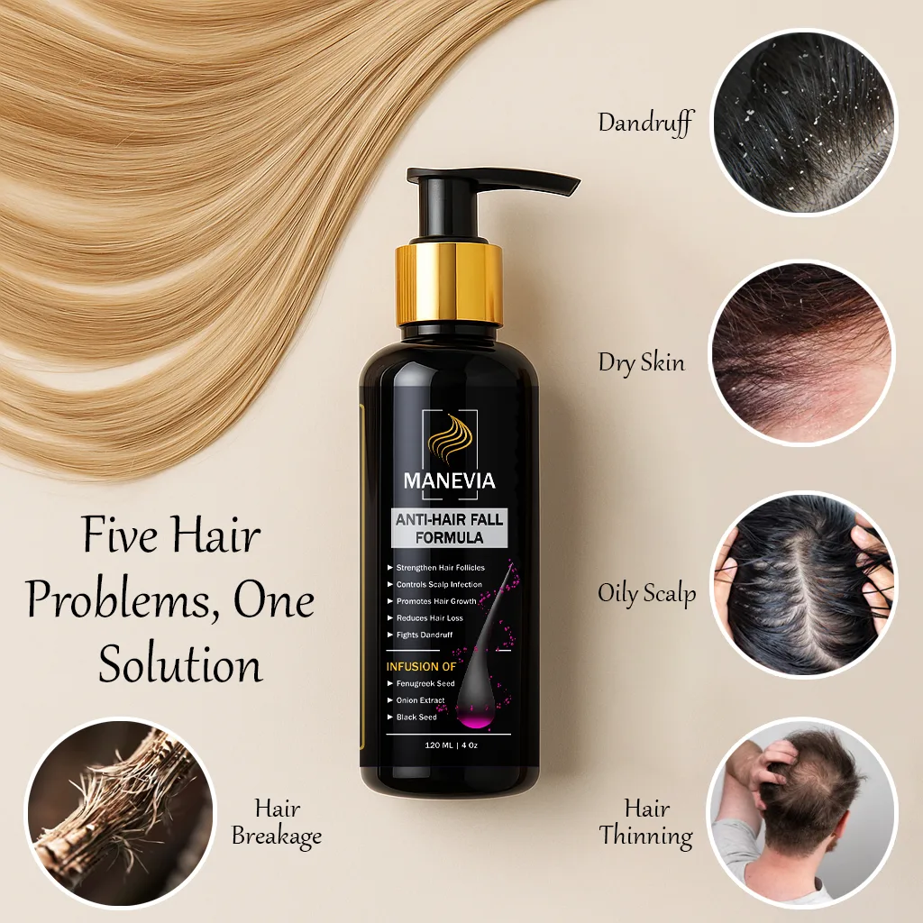 Hair oil bottle placed at center with healthy hair strands on top left and common hair problems like dandruff, oily scalp, hair thinning, and dryness shown on the side