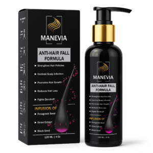 Glossy black hair oil bottle with matte black packaging box on a clean white studio background