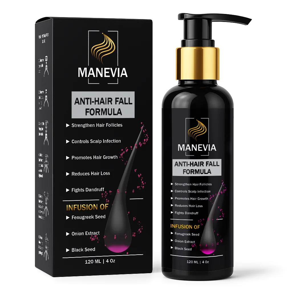 Glossy black hair oil bottle with matte black packaging box on a clean white studio background