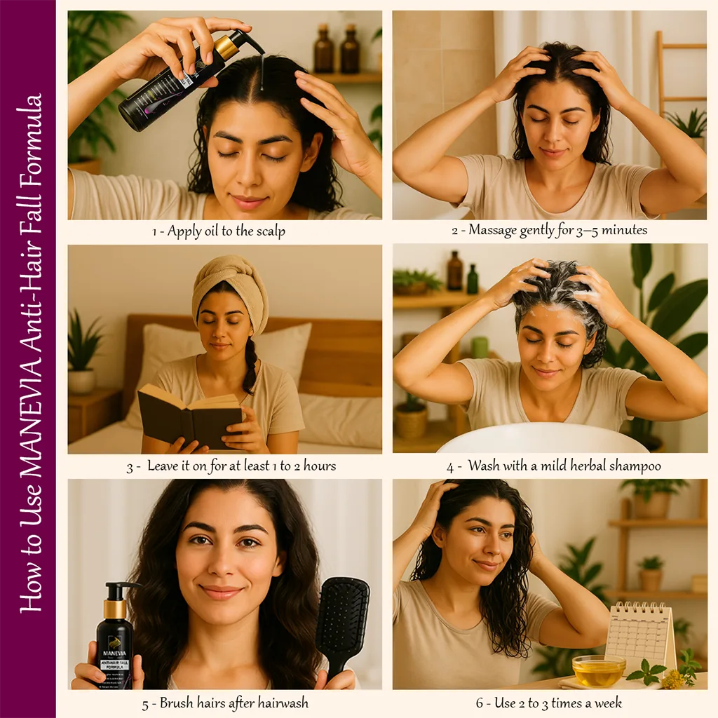 Step-by-step visual guide showing how to apply hair oil, with each step displayed in a clean grid layout for easy understanding