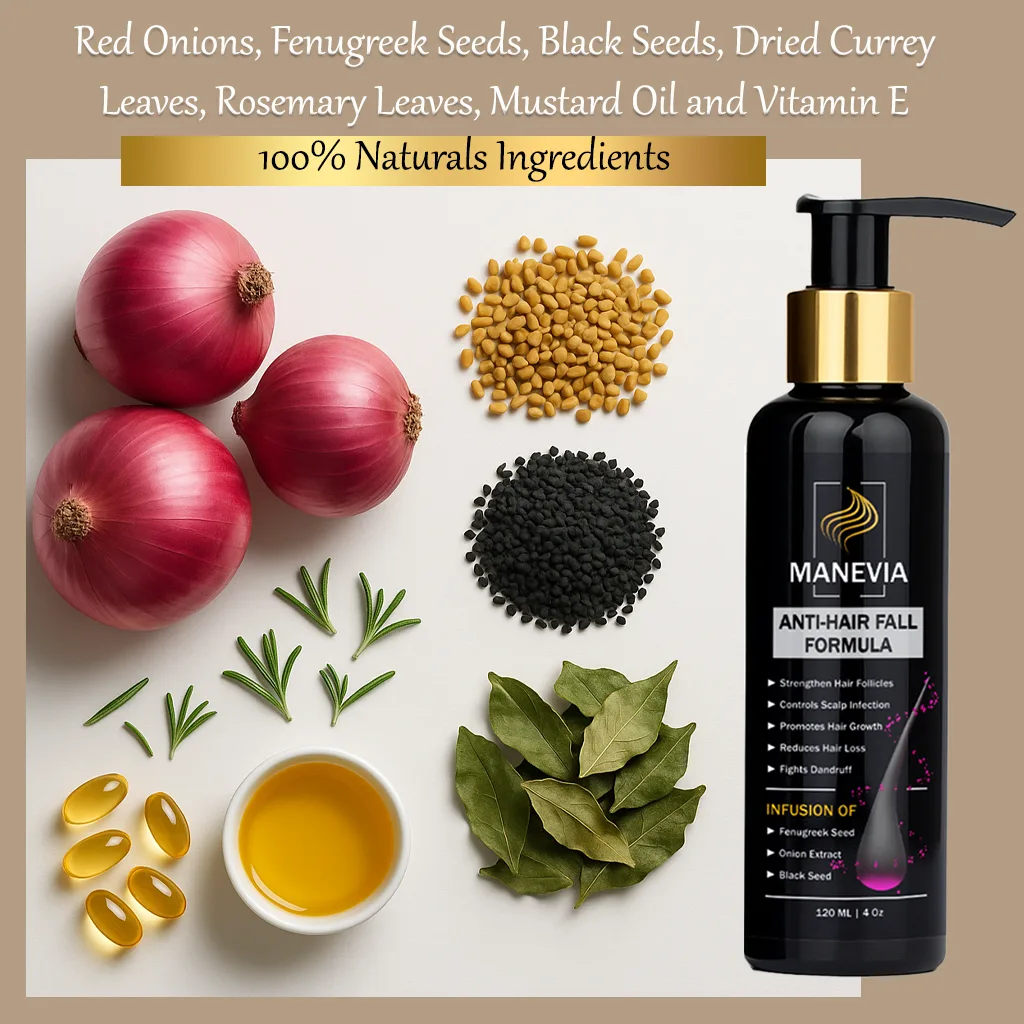 Flat-lay image of natural hair oil ingredients including red onion, fenugreek seeds, black seed, dried curry leaves, rosemary leaves, mustard oil, vitamin E capsules
