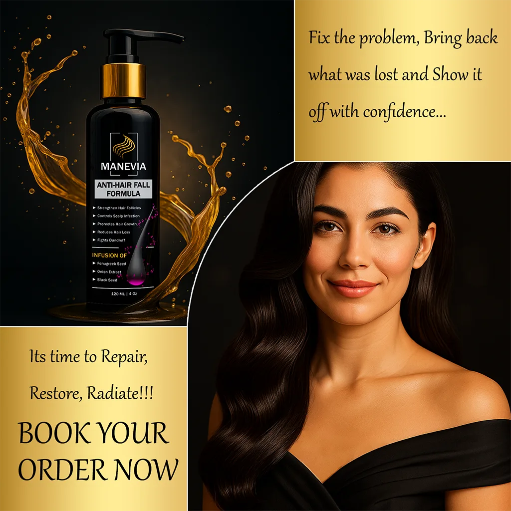 Confident woman with styled hair on black and gold grid background, featuring bold tagline and premium hair oil product bottle.