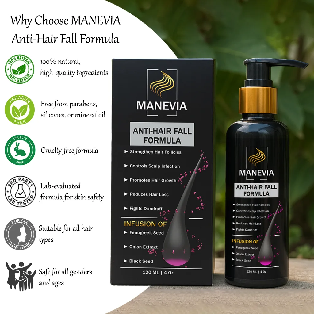 Black bottle and packaging box placed outdoors with 'Why Choose Us' text highlighting product benefits on the left side